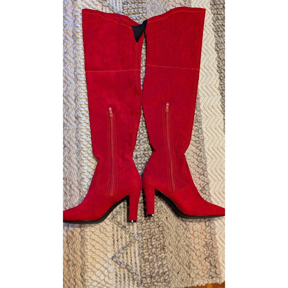 Red Faux Suede Over The Knee Boots Pointed Toe Block Heel Size 8.5